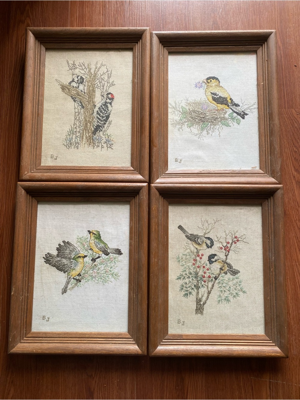 Set of 4 8x10 Hand-Embroidered Bird Wall Art Set